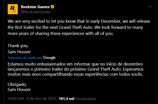 Rockstar Games anuncia oficialmente GTA 6 e confirma primeiro